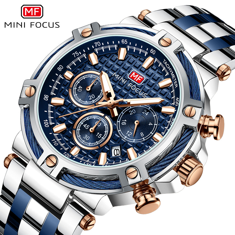 Montre analogique à quartz en acier inoxydable pour homme Mini Focus Chronograph Luminous Watch | MF047