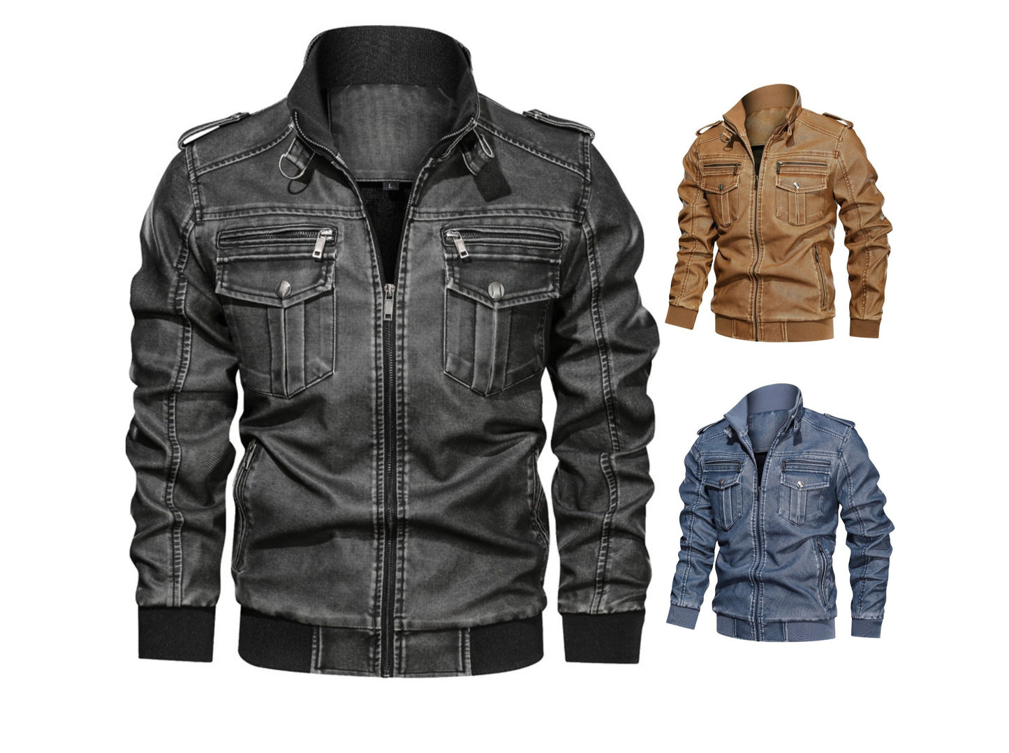 Veste en cuir PU à col montant pour homme avec fermeture éclair solide et décontractée | 833