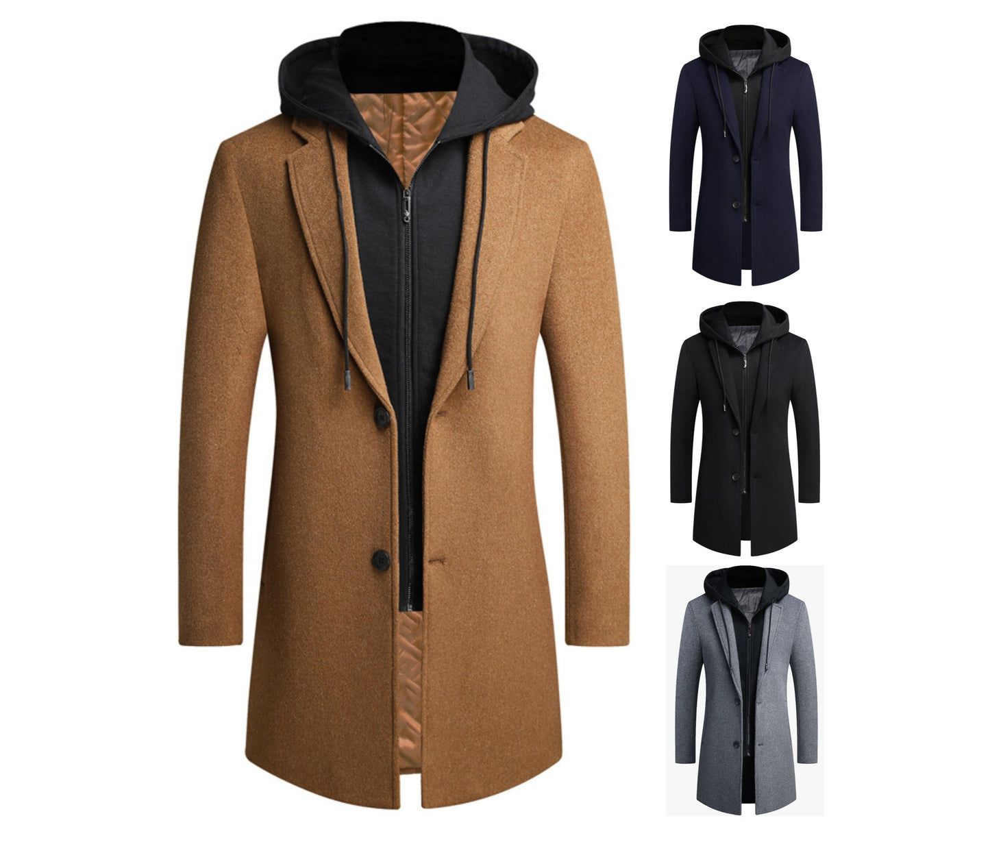 Trench antivento da uomo, lungo, softshell, con cappuccio, tasche laterali, cappotto caldo doppiopetto | HHN14-1