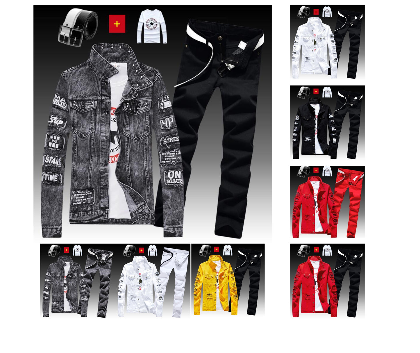 Ensemble 3 pièces veste en jean pour homme, pantalon imprimé lettres, décontracté, simple boutonnage