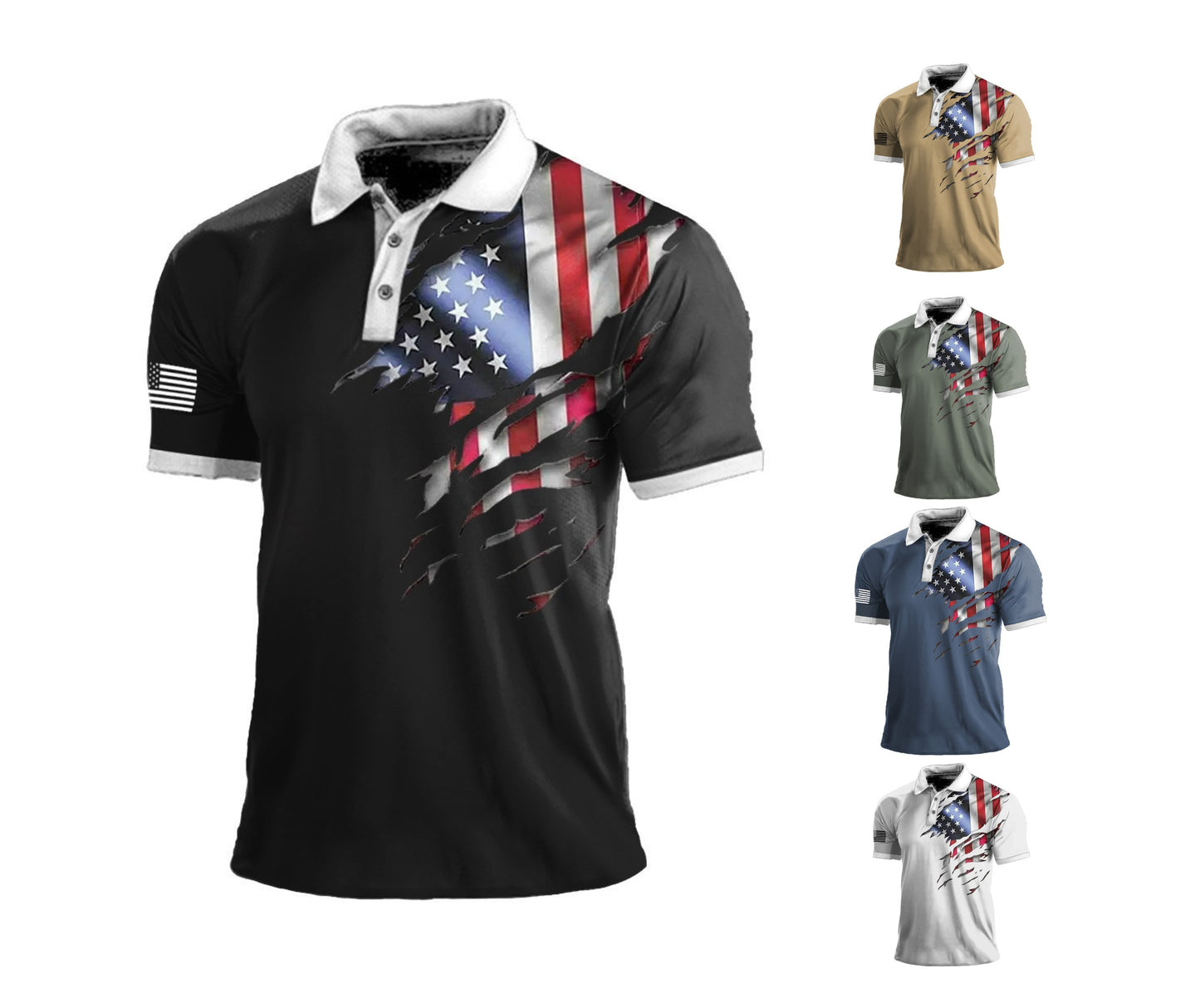 Polo à imprimé drapeau américain pour homme, t-shirt de sport à manches courtes et revers pour l'extérieur | 112