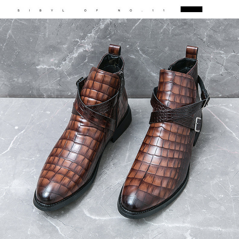 Scarpe da uomo in pelle con cerniera e goffratura alte, stivali Martin vintage | 6805
