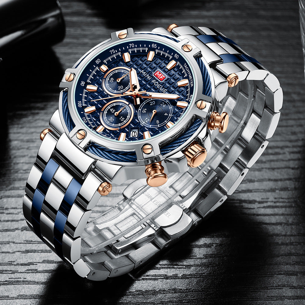 Montre analogique à quartz en acier inoxydable pour homme Mini Focus Chronograph Luminous Watch | MF047