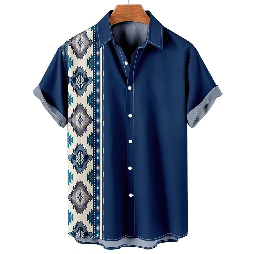Maglietta casual a maniche corte da uomo con stampa etnica vintage, da cowboy, con risvolto e bottoni, polo da strada