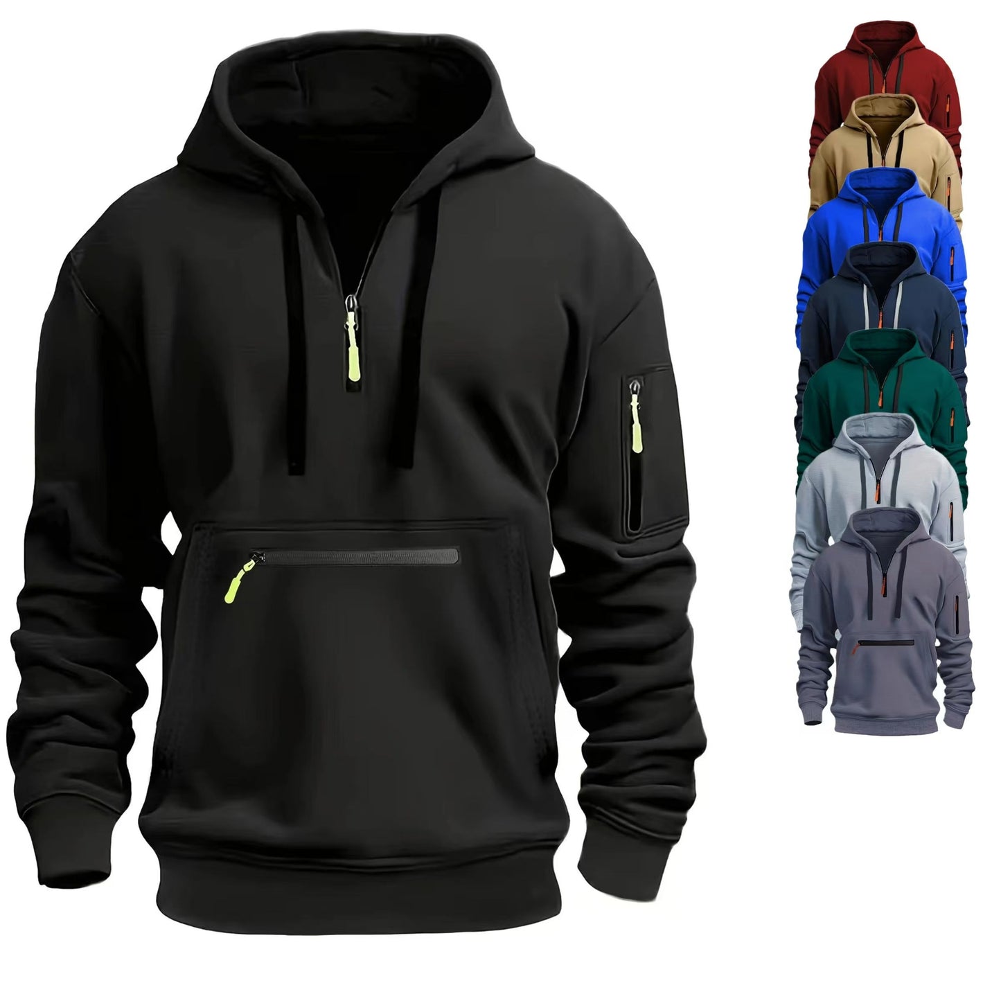 Men’s Pullover Hoodie Solid Pattern Zippered Lined Collar Loose Fit Casual Sportswear | TZ-28