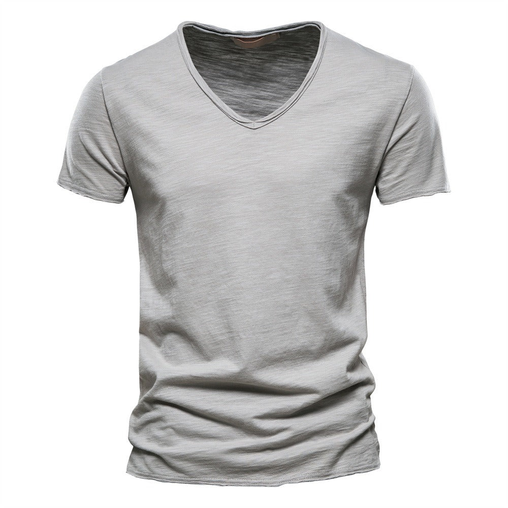 Men’s Deep V-Neck T-Shirt 100% Cotton Plain V-Collar Tee High-Quality Basic T-Shirt | F037