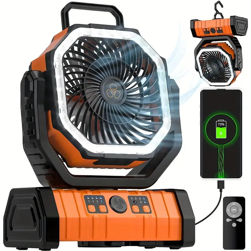 Ventilatore da campeggio portatile ricaricabile per esterni con gancio Ventilatore da tavolo USB con luce LED di emergenza e power bank per picnic, escursionismo, pesca
