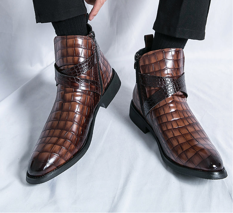 Scarpe da uomo in pelle con cerniera e goffratura alte, stivali Martin vintage | 6805