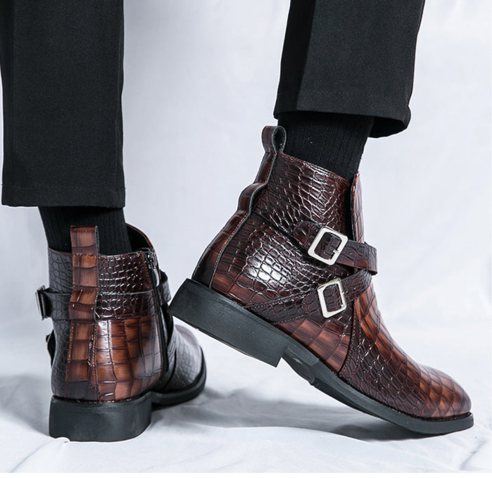 Scarpe da uomo in pelle con cerniera e goffratura alte, stivali Martin vintage | 6805