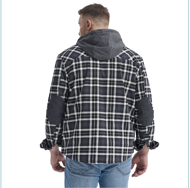 Top Quality Men's Plaid Checked Shirt Jacket Plus Size Velvet Lined Windproof Warm Hooded Cotton Coat | 3252