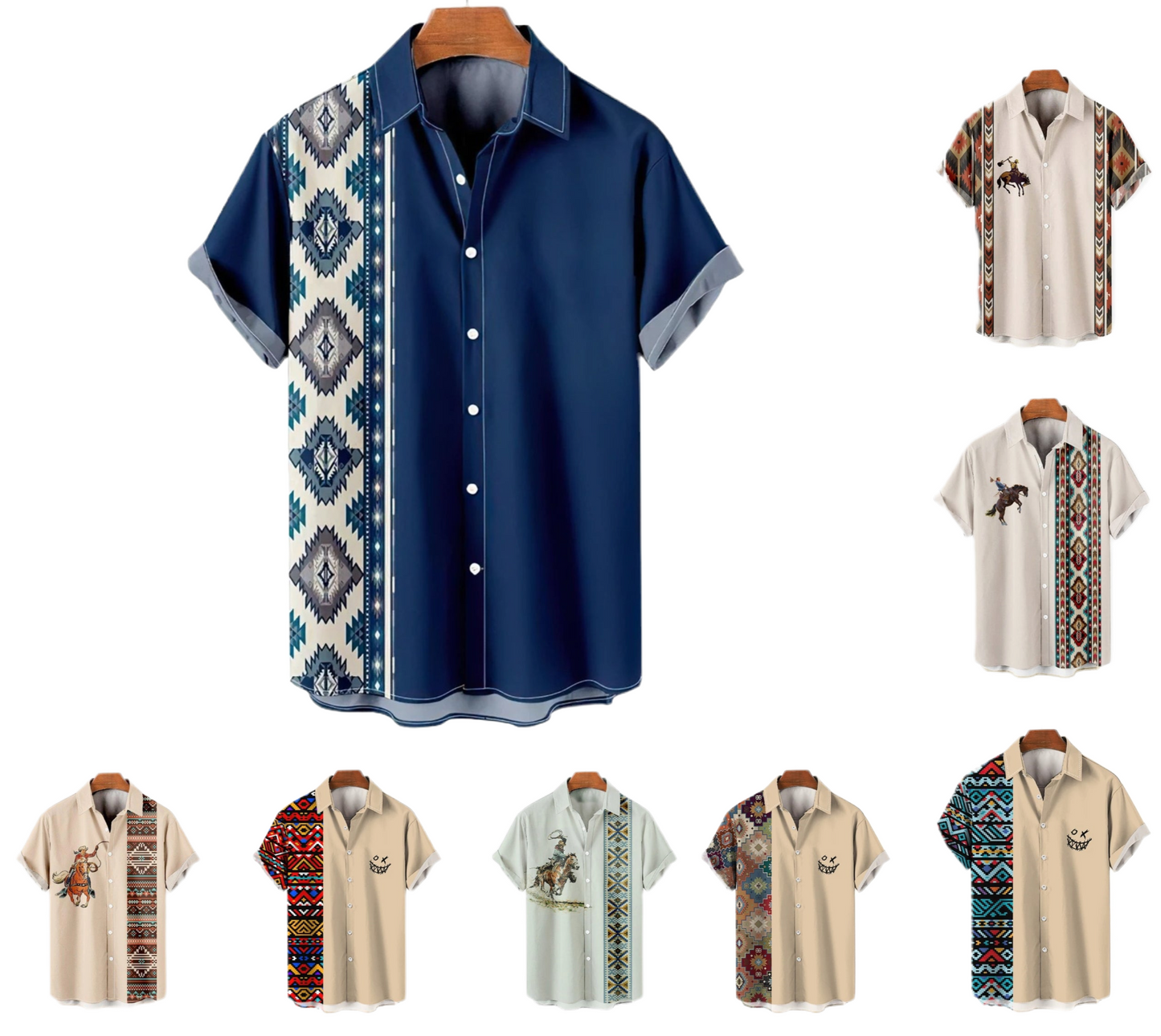 Maglietta casual a maniche corte da uomo con stampa etnica vintage, da cowboy, con risvolto e bottoni, polo da strada
