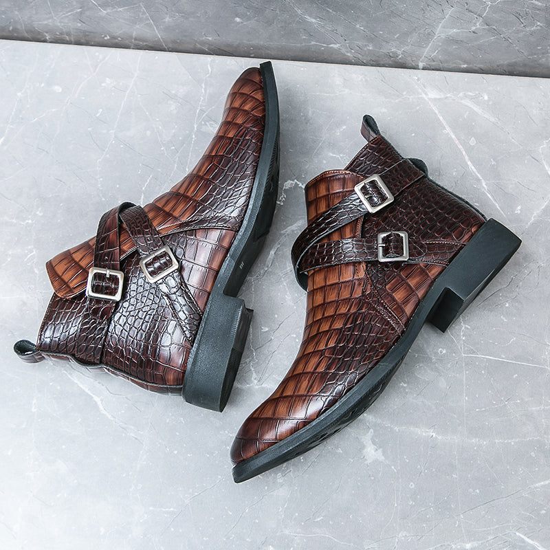 Scarpe da uomo in pelle con cerniera e goffratura alte, stivali Martin vintage | 6805