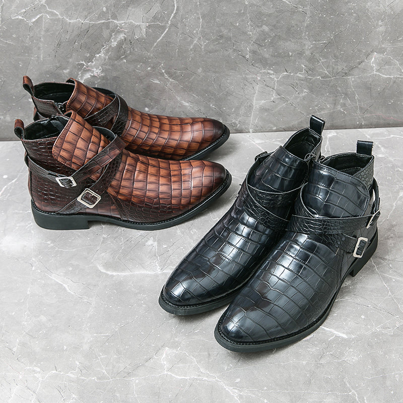 Scarpe da uomo in pelle con cerniera e goffratura alte, stivali Martin vintage | 6805