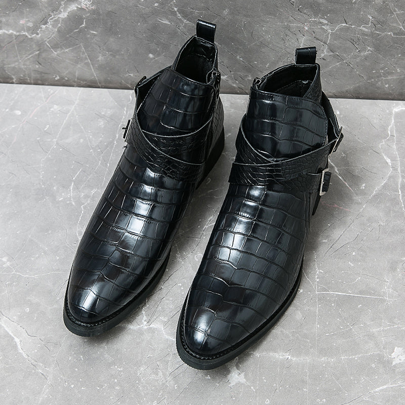 Scarpe da uomo in pelle con cerniera e goffratura alte, stivali Martin vintage | 6805