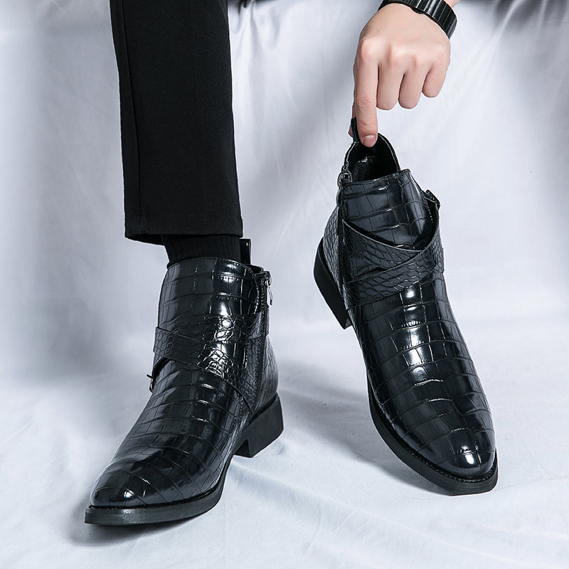 Scarpe da uomo in pelle con cerniera e goffratura alte, stivali Martin vintage | 6805