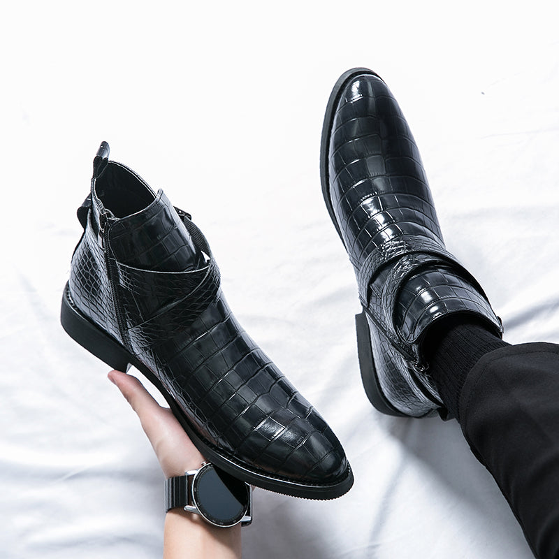 Scarpe da uomo in pelle con cerniera e goffratura alte, stivali Martin vintage | 6805
