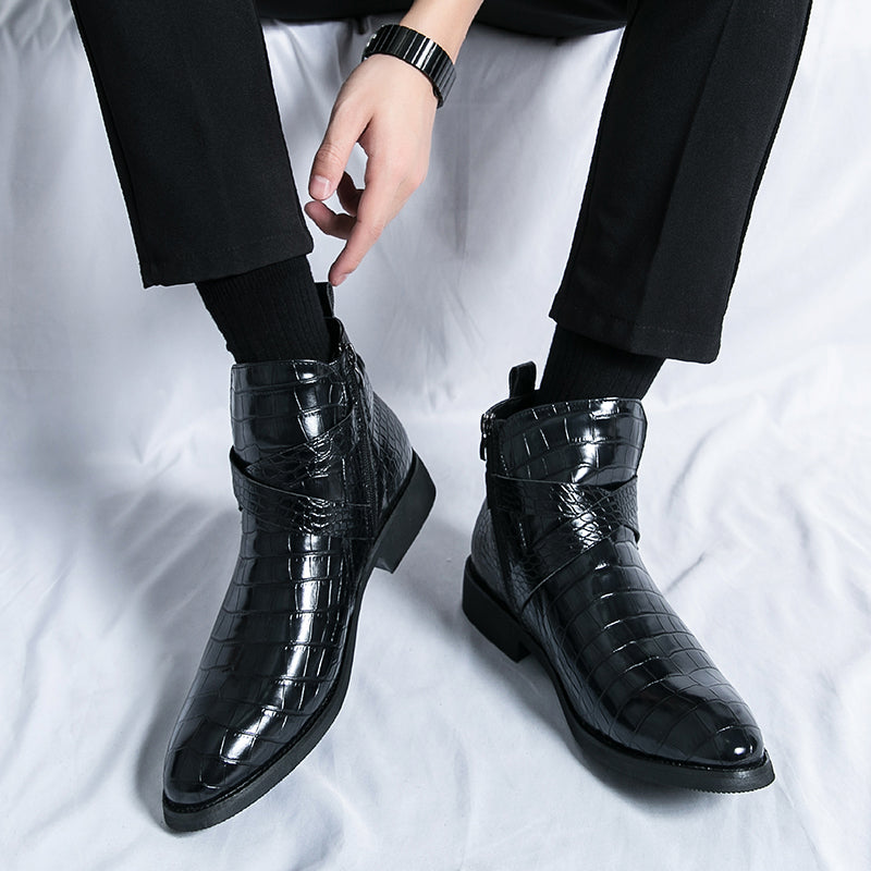 Scarpe da uomo in pelle con cerniera e goffratura alte, stivali Martin vintage | 6805