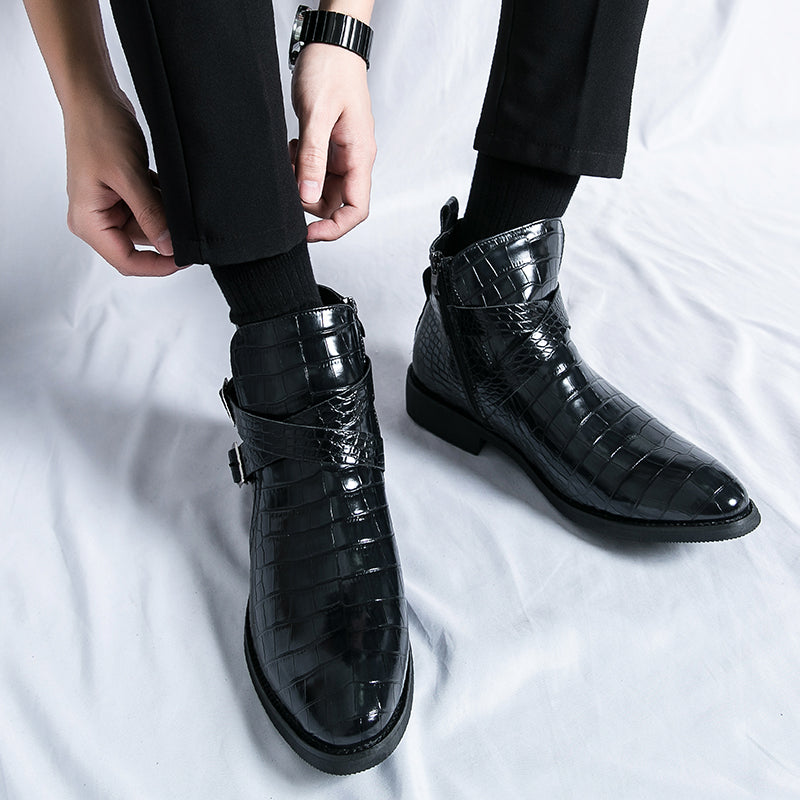 Scarpe da uomo in pelle con cerniera e goffratura alte, stivali Martin vintage | 6805
