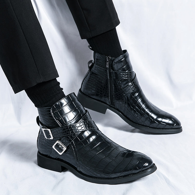 Scarpe da uomo in pelle con cerniera e goffratura alte, stivali Martin vintage | 6805