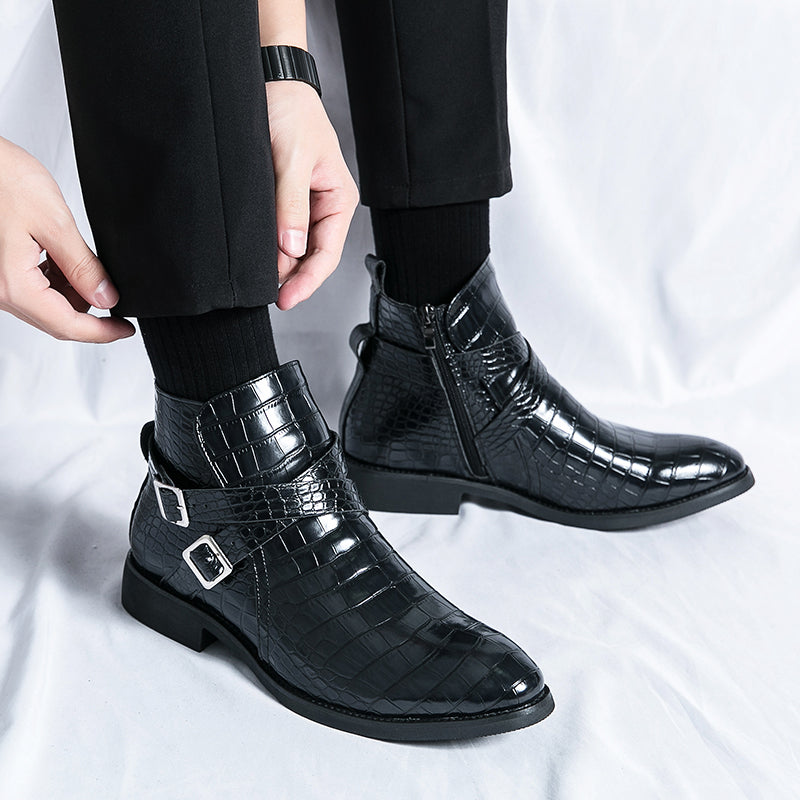 Scarpe da uomo in pelle con cerniera e goffratura alte, stivali Martin vintage | 6805