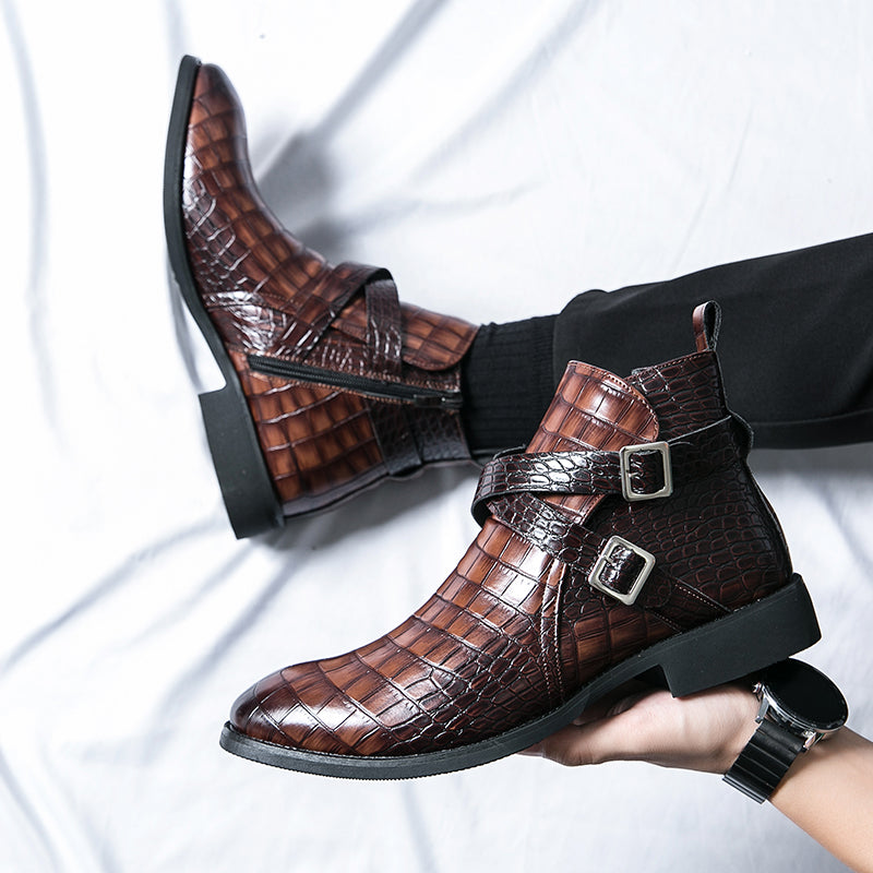 Scarpe da uomo in pelle con cerniera e goffratura alte, stivali Martin vintage | 6805