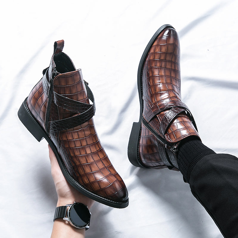 Scarpe da uomo in pelle con cerniera e goffratura alte, stivali Martin vintage | 6805