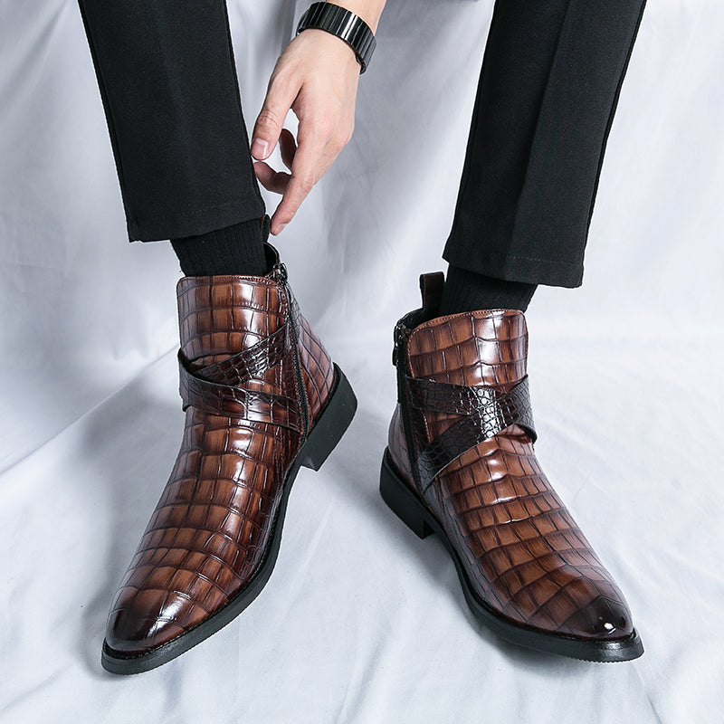 Scarpe da uomo in pelle con cerniera e goffratura alte, stivali Martin vintage | 6805