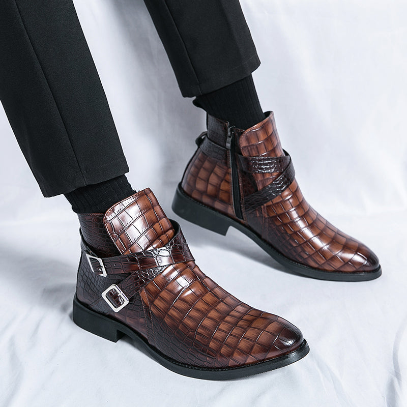 Scarpe da uomo in pelle con cerniera e goffratura alte, stivali Martin vintage | 6805
