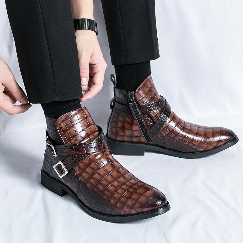 Scarpe da uomo in pelle con cerniera e goffratura alte, stivali Martin vintage | 6805