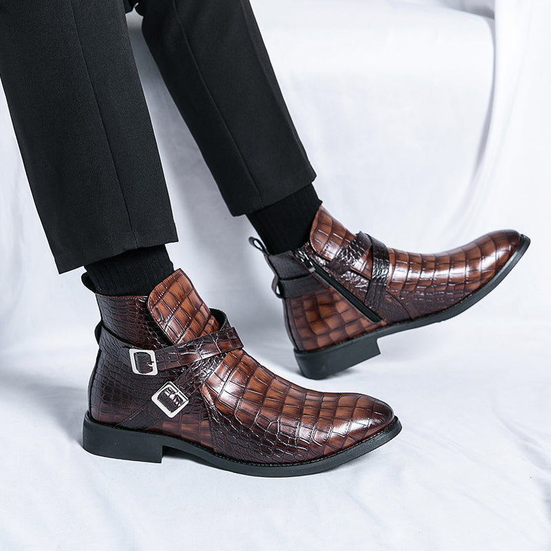 Scarpe da uomo in pelle con cerniera e goffratura alte, stivali Martin vintage | 6805