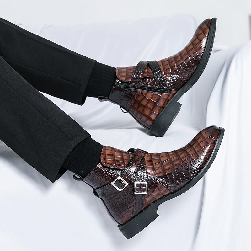 Scarpe da uomo in pelle con cerniera e goffratura alte, stivali Martin vintage | 6805
