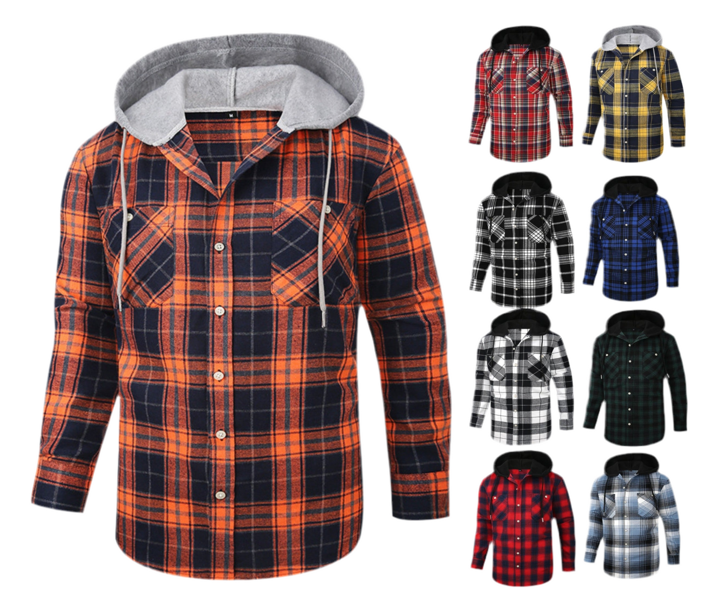 Camicia a quadri con cappuccio e maniche lunghe in flanella casual vestibilità larga da uomo di alta qualità | JM419