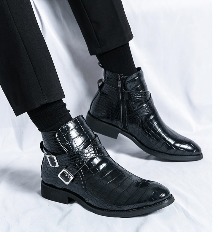 Scarpe da uomo in pelle con cerniera e goffratura alte, stivali Martin vintage | 6805