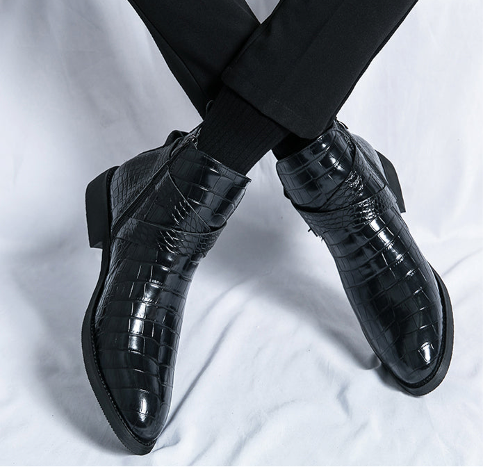 Scarpe da uomo in pelle con cerniera e goffratura alte, stivali Martin vintage | 6805