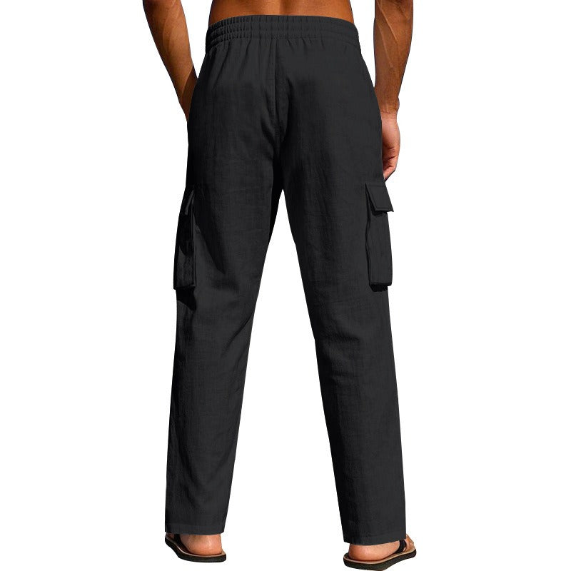 Men’s Four-Season Lightweight Linen Cargo Pants Breathable Multi-Pocket Loose Wide-Leg Trousers | MTGZ-9