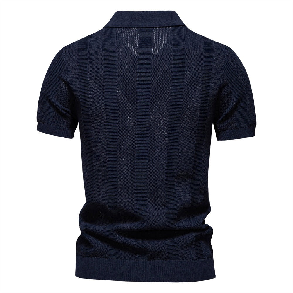 Men's Stripe Knit Polo Shirt with Mesh Panels - 2025 Summer Slim-Fit Streetwear Top | PSD8042
