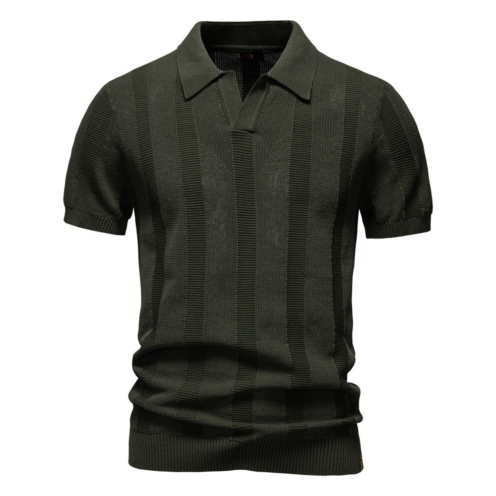 Men's Stripe Knit Polo Shirt with Mesh Panels - 2025 Summer Slim-Fit Streetwear Top | PSD8042