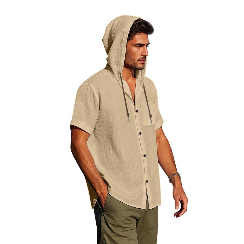 Men’s Linen Hooded Short Sleeve Shirt – Casual Loose Fit | YH-2454