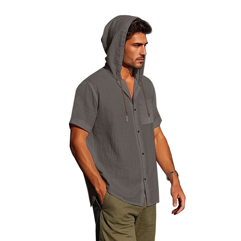 Men’s Linen Hooded Short Sleeve Shirt – Casual Loose Fit | YH-2454