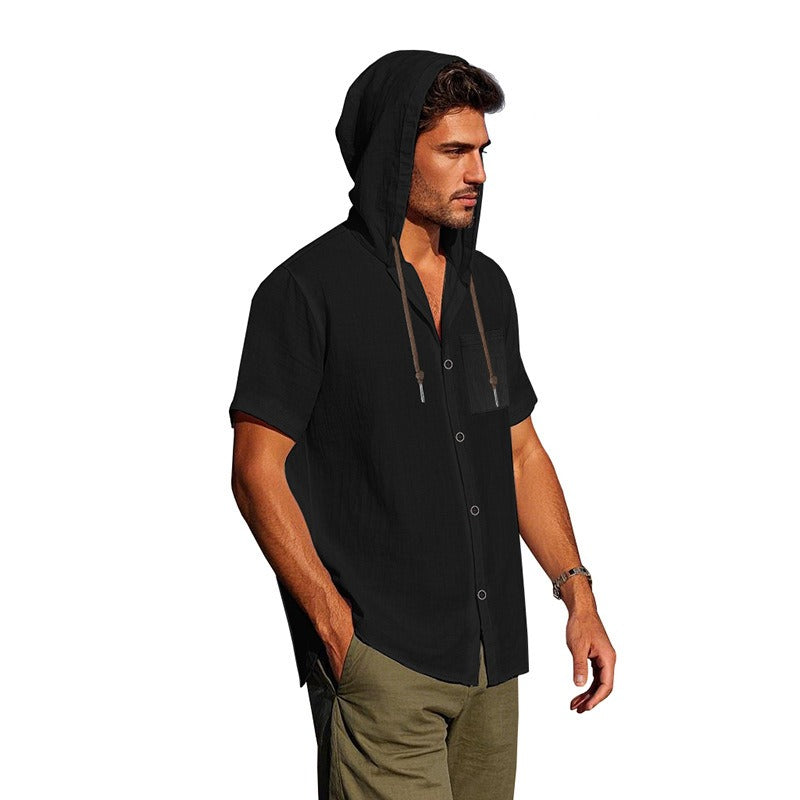 Men’s Linen Hooded Short Sleeve Shirt – Casual Loose Fit | YH-2454