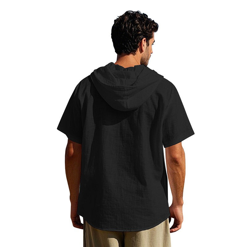 Men’s Linen Hooded Short Sleeve Shirt – Casual Loose Fit | YH-2454