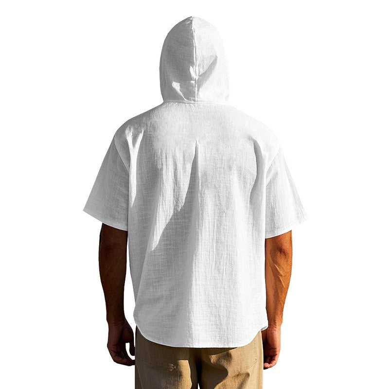 Men’s Linen Hooded Short Sleeve Shirt – Casual Loose Fit | YH-2454