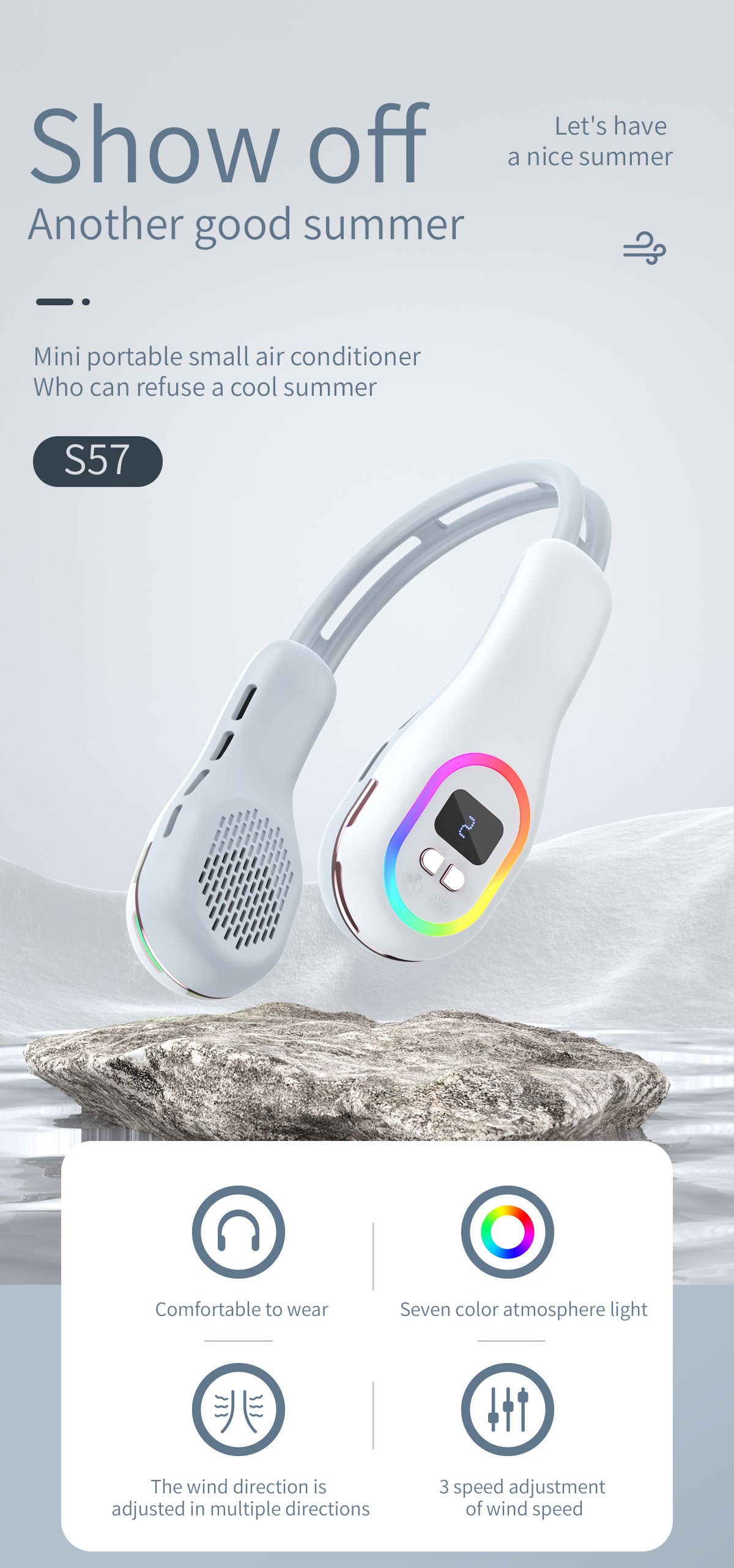 Ventilatore da collo estivo indossabile a mani libere senza pale Ventilatori di raffreddamento LED Luce colorata 3 velocità Regolazione della direzione del vento a 360° Aria condizionata portatile ricaricabile | S57
