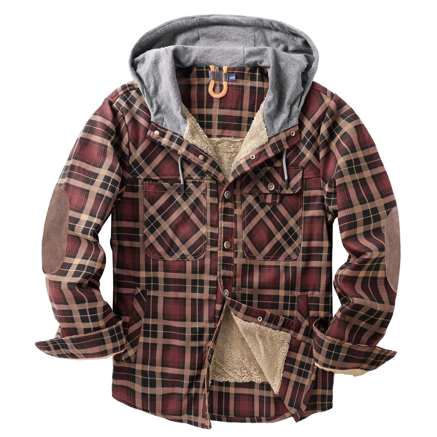 Top Quality Men's Plaid Checked Shirt Jacket Plus Size Velvet Lined Windproof Warm Hooded Cotton Coat | 3252