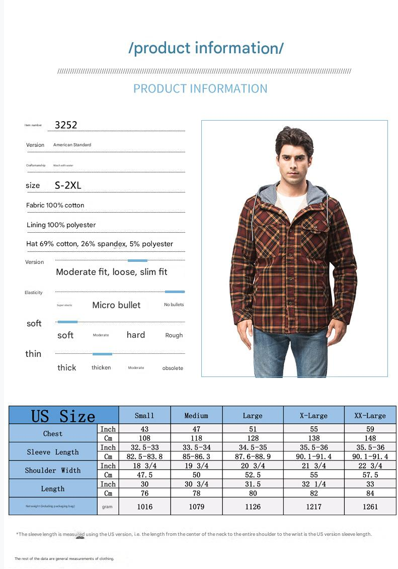 Top Quality Men's Plaid Checked Shirt Jacket Plus Size Velvet Lined Windproof Warm Hooded Cotton Coat | 3252