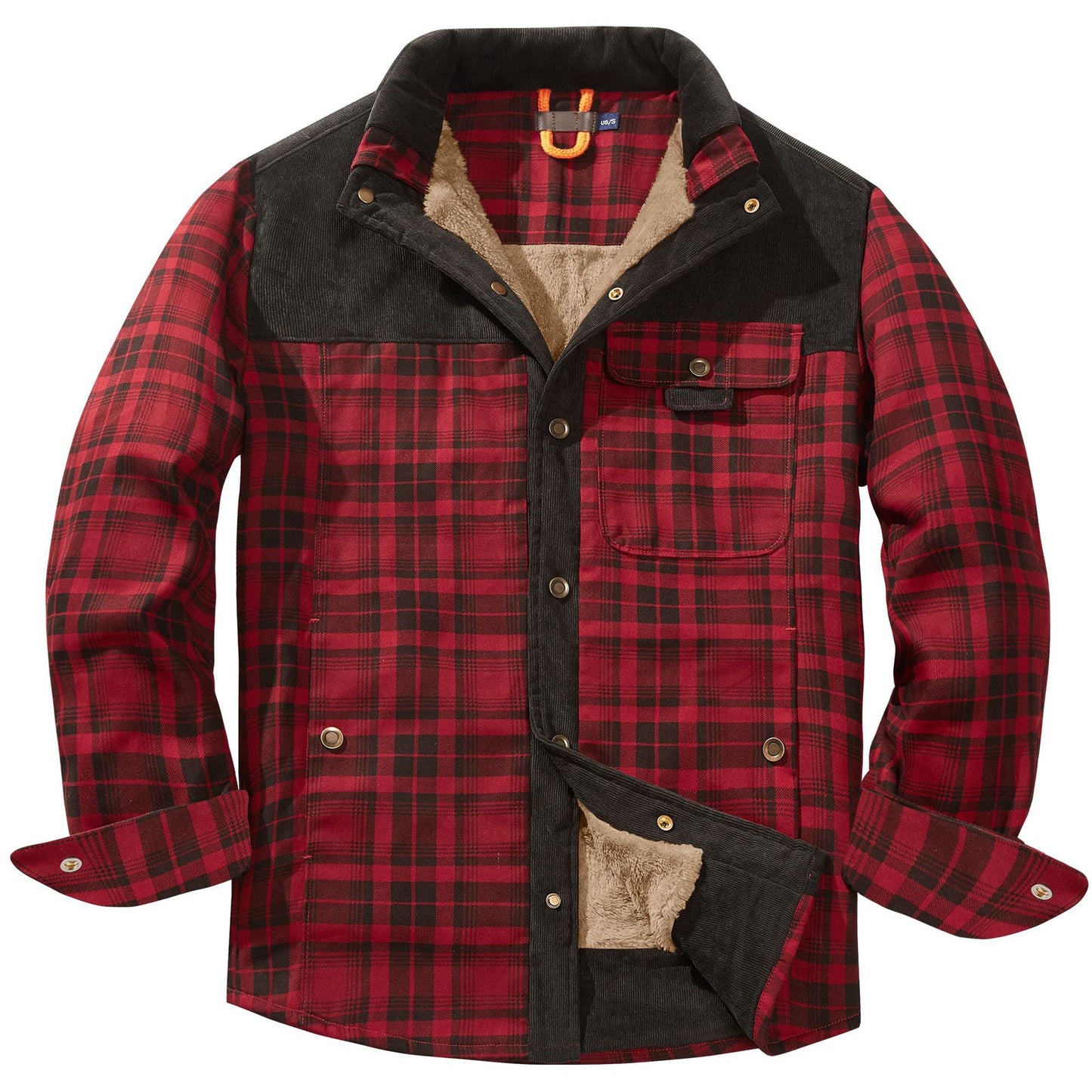 Men's Patchwork Corduroy Plaid Shirt Jacket Plus Size Velvet Lined Casual Winter Top | 3251
