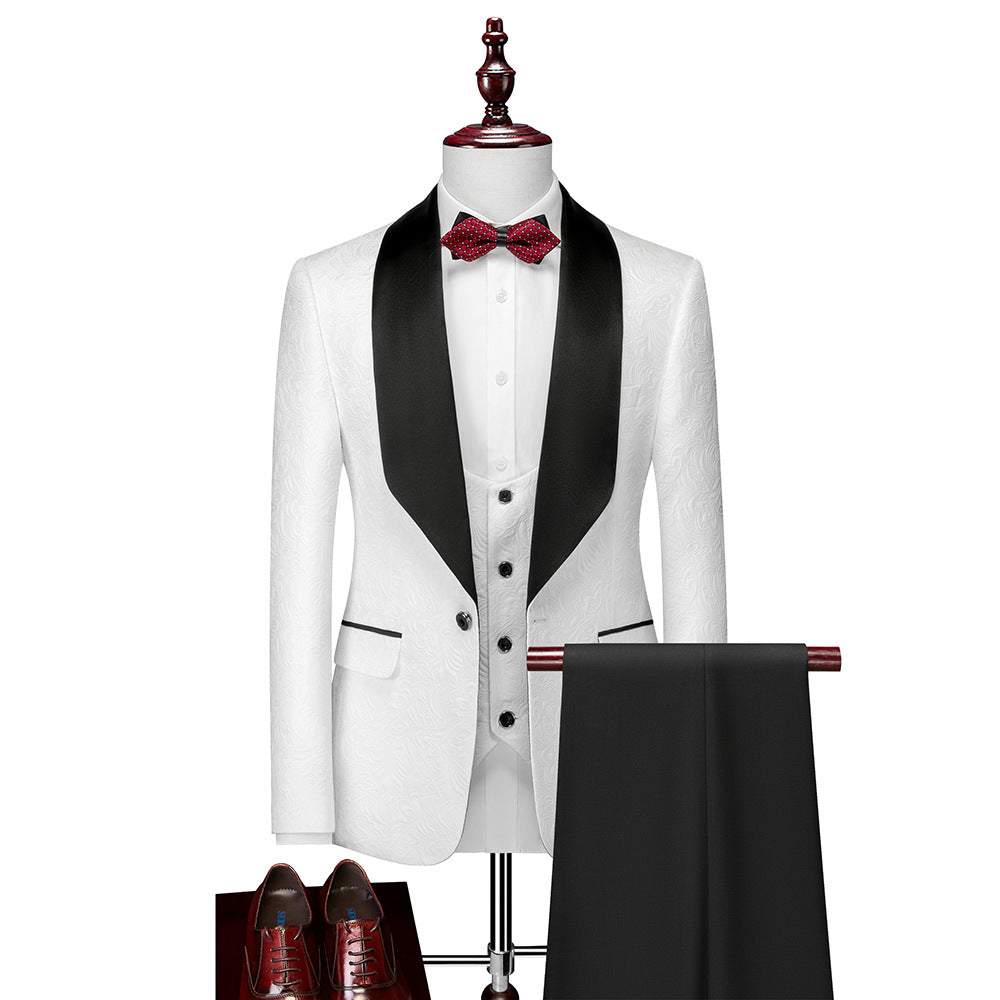 Abito da uomo in 3 pezzi con motivo floreale in rilievo, vestibilità slim fit, smoking jacquard con un bottone, blazer con revers a scialle Paisley | 1931