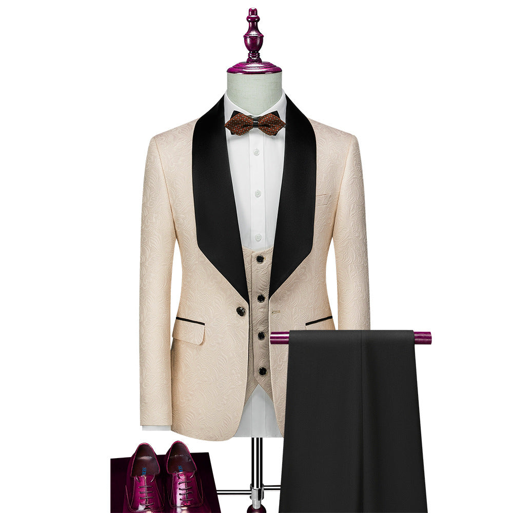Abito da uomo in 3 pezzi con motivo floreale in rilievo, vestibilità slim fit, smoking jacquard con un bottone, blazer con revers a scialle Paisley | 1931