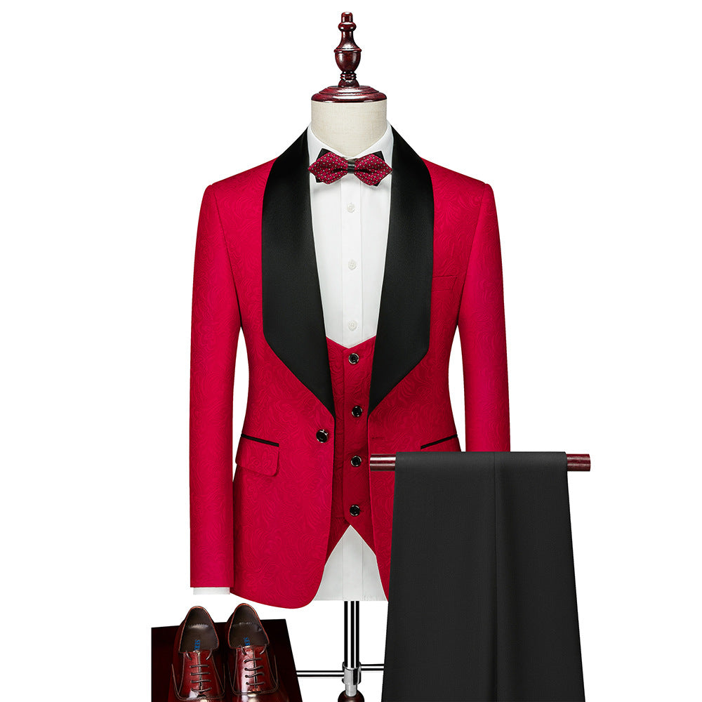 Abito da uomo in 3 pezzi con motivo floreale in rilievo, vestibilità slim fit, smoking jacquard con un bottone, blazer con revers a scialle Paisley | 1931