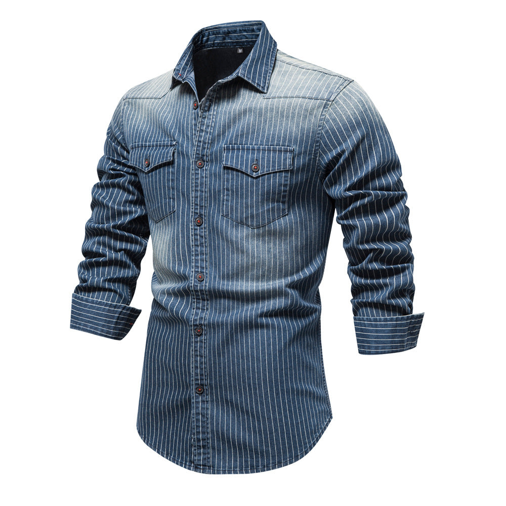 Chemises décontractées à manches longues en denim à rayures pour hommes | 6015